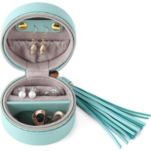 T84A Portable Jewelry Box Storage Organizer PU Leather Small Round Jewellery Case Rings Earrings Zipper Box for Women