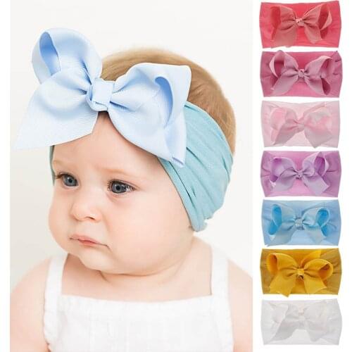 Newborn Ribbon Bow with Nylon headband Soft Girls Headwrap Enfant Bunny head wraps Infant Top knot Bow headbands Bebes Hair bows