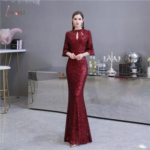 Vestidos De Fiesta Long Mermaid Evening Dresses O Neck Half Sleeves Sequins Robe De Soiree Prom Gowns For Women Real Photos