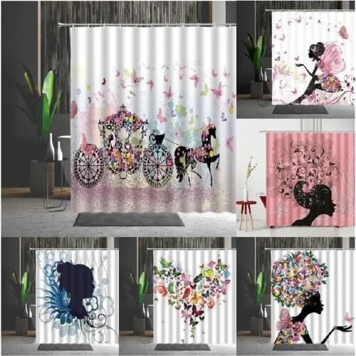 Flower Butterfly Shower Curtain Flowers Girl Abstract Pattern Carriage Old Fashioned Vehicle Bedroom Decoration Hanging Curtains
