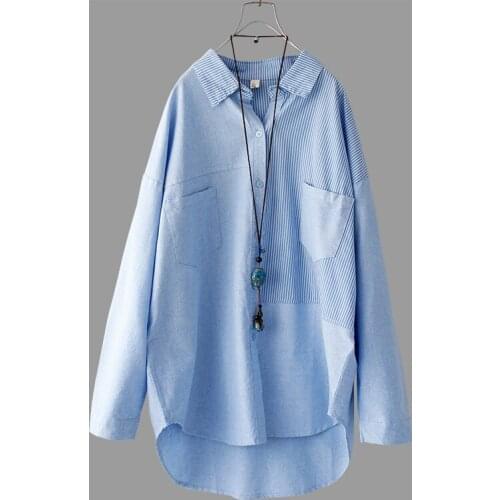 Cotton 100% Blue Women Shirts Summer New 2021 Pocket Patchwor Loose Casual All Match Female Outwear Tops