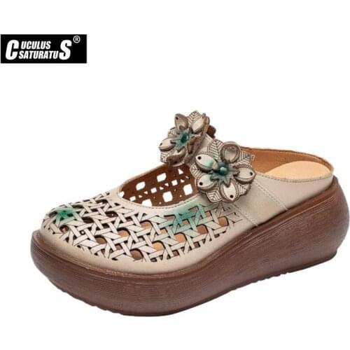 2020 Summer Slippers Women Genuine Leather Shoes Handmade Flower Slides Flip Flops Platform Women Wedges sandals Slippers