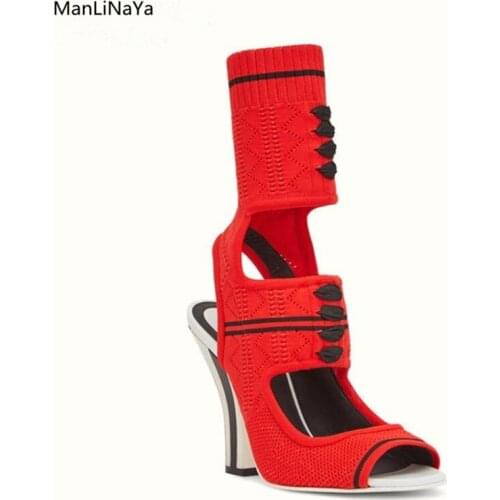 Peep Toe High Top Women Sandals Strange Style Stripe Heel Wool knitting Summer Female Boots Runway Lace Hollow Out Ladies Shoes