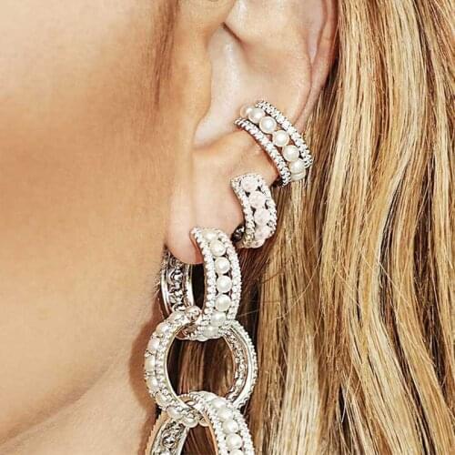 White Pearl Wide Ear Cuffs Clip on Earrings for Women Without Piercing Crystal Cartilage Earcuffs Wedding Ear Clips Jewelry Hot