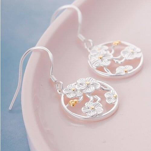 925 Sterling Silver Cherry blossoms Drop Earrings For Women Fashion Jewelry sterling-silver-jewelry pendientes