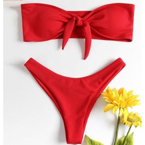 Women Solid Bikini Brazillian Swimsuit Set Sexy Off Shoulder Bow Swimwear Female Swimming Biquini Maillot De Bain #G2