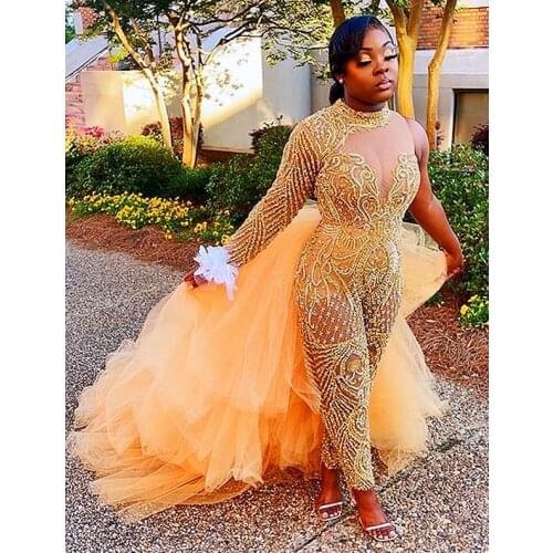 2021 Arabic Gold Jumpsuits Prom Dresses With Detachable Train High Neck Lace Appliqued Beaded Women Plus Size Evening Gowns