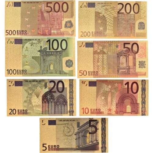 7pcs/lot 5 10 20 50 100 200 500 EUR Gold Banknotes In 24K Gold Fake Paper Money For Collection Euro Banknote Sets