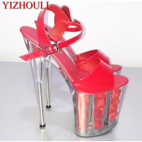 8 inch platform rose Crystal sandals fashion white flowers for wedding shoes 20cm pole dancing high heels star dress shoes