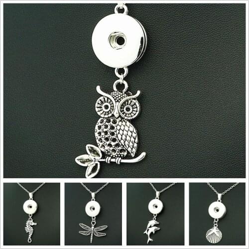 Fashion Beauty Owl dragonfly music not animals snap pendant necklace chain 60cm fit 18MM snap buttons Fashion jewelry