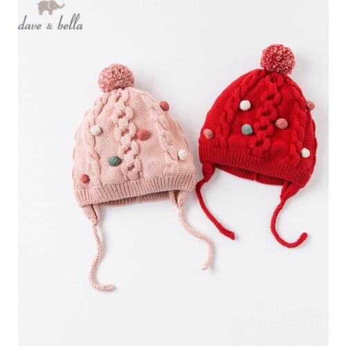 DBM15465-2 dave bella winter baby girls jacquard cotton wool ball appliques hat scarf