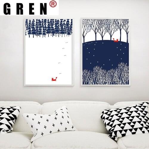 GREN Nordic Red Fox Blue Forest Cartoon Canvas Painting Wall Art Print Poster Picture Modern Kids Baby Bedroom Home Decor