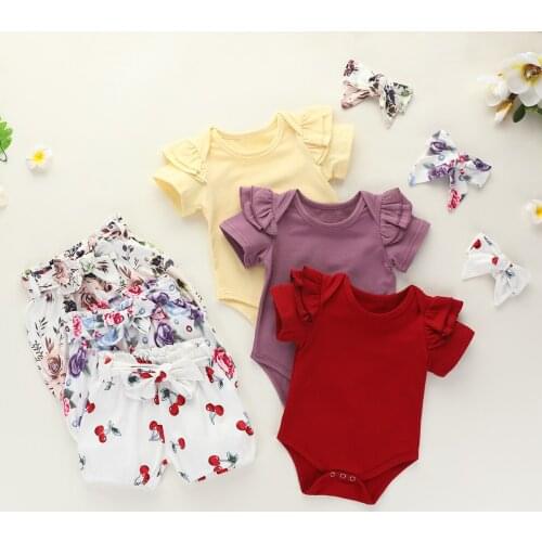 FOCUSNORM Summer Baby Girls Clothes Sets 3pcs Solid Color Short Sleeve Romper Tops + Floral Shorts + Headband Set