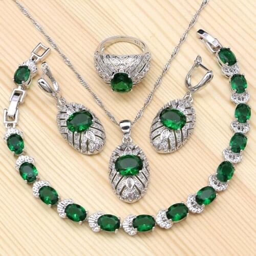 925 Silver Sets For Women Natural Green Cubic Zirconia Ring Bracelet Necklace Pendant Earrings Jewelry Sets For Party Decoration