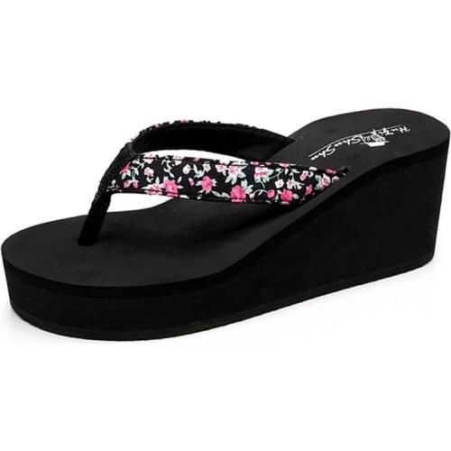 Summer High-Heel Slippers Non-Slip Floral Fabric with Flip-Flops Slope Thick-Soled Beach Womens Shoes Korean Sandals Slippers