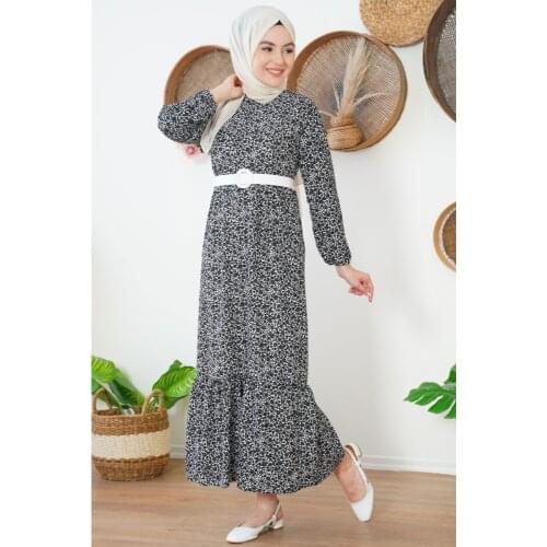 Round Buckle Belt Floral Pattern Black Dress muslim dress women abaya kaftan modest dress abayas for women abaya turkey turkish