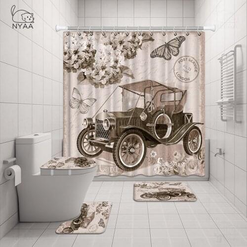 NYAA Retro Car Poster Shower Curtain Sets Non-Slip Rugs Toilet Lid Cover and Bath Mat Waterproof Bathroom Curtains