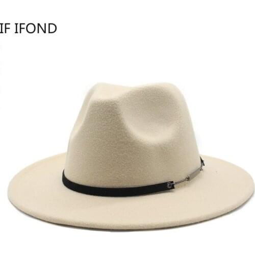 New Autumn Winter Women Hats White Pink Wide Brim Felt Jazz Fedora Hats with Thin Belt Buckle Men Panama Trilby Cap