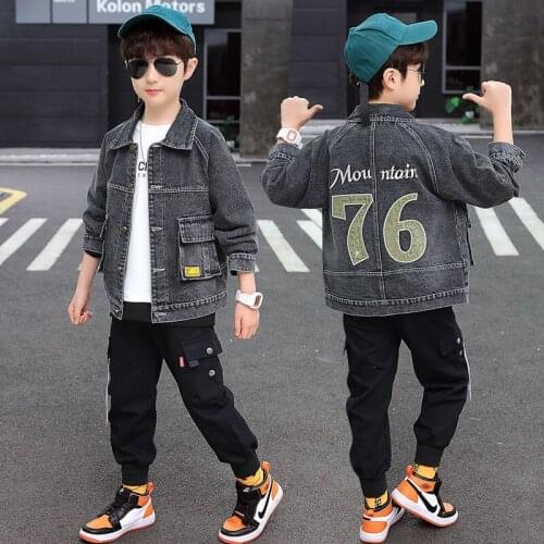 New Boys Denim Coat Letter Long Sleeve Spring and Autumn Childrens Jackets for 3-13 Years Korean Style Gray Kids Outwear