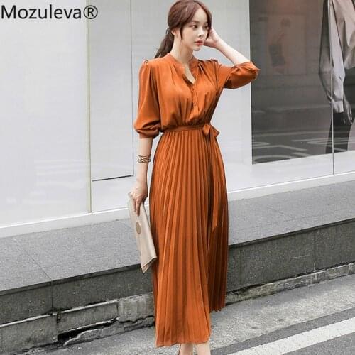 Mozueva 2021 Casual Female Long Vestidos Elegant Single Breasted Women Pleated Dresses Full Sleeve Slim Waist A-line Dresses