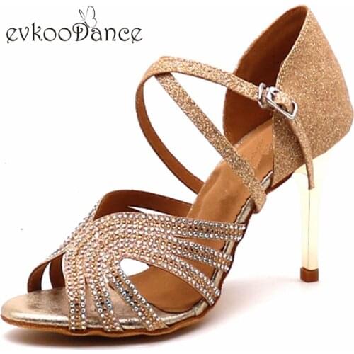 Evkoodance Professional Zapatos De Baile 8.5cm Metal Heel Golden / Blue Glitter With Rhinostone Shoes For Women Evkoo-535