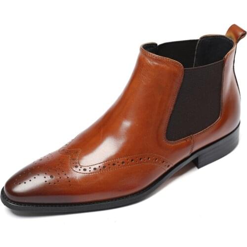 High Top Business Dress Men Shoes Genuine Leather Chelsea Ankle Boots Pointed Toe Slip On Comfortable Mens Office Work Boots