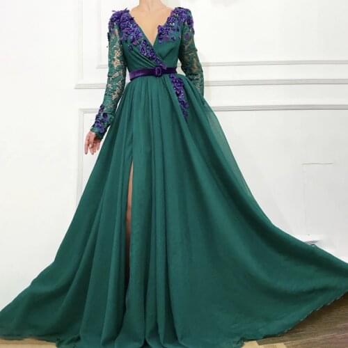 V-neck Handmade Purple Flowers Prom Dress Long Sleeves Front Slit Sexy Evening Dress with Belt vestidos de noivas