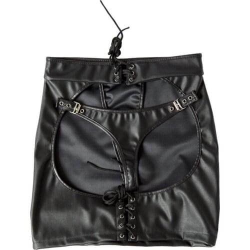 Women Sexy Faux Leather Open Hip Mini Skirt Sex Fetish Open Butt Skirt Erotic Clubwear S-XXL