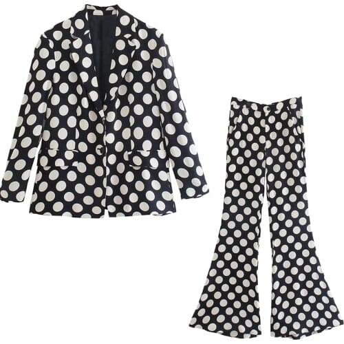 Aonibeier 2021 Za Woman Casual Traf Outfits Female Tall Summer Autumn Polka Dot Loose Blazers + Flare Pants Suits 2 Piece Sets