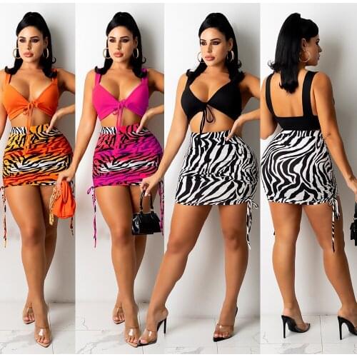 Sexy Zebra Print Skirts Two Piece Set Women Casual Lace Up V Neck Sleeveless Crop Top + Drawstring Mini Skirts Club Matching Set
