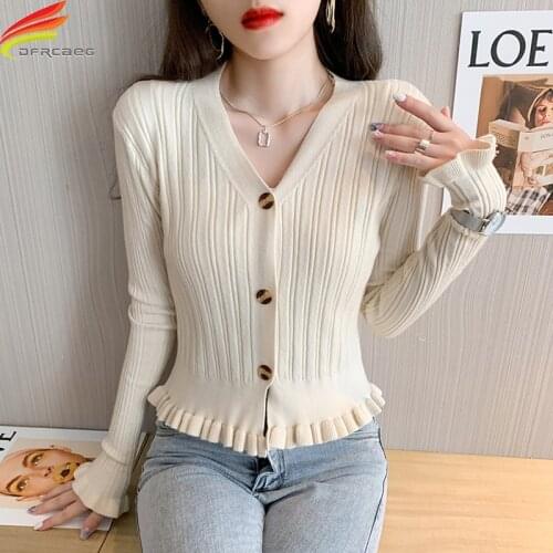 New 2021 Autumn Cardigan Women Beige Black Or White Single Buttons Ruffles Long Sleeve Tops Korean Style Casual Knitted Sweater