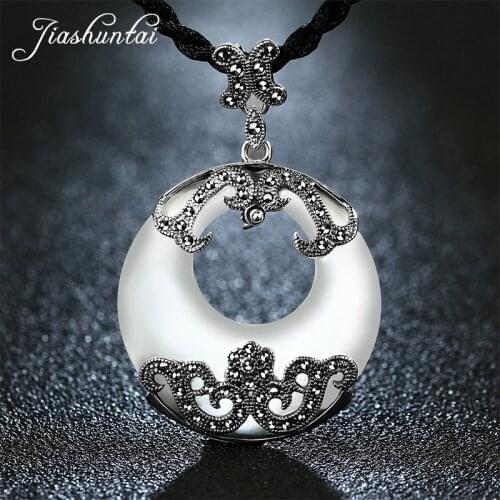 JIASHUNTAI Retro 925 Silver Sterling Big Round Pendant Necklace Round White Stone With Silver Jewelry For Women