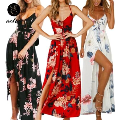 Criss Cross Bare Back Dress V Neck Sukienka Long Dress Boho Maxi Floral Women Robe Femme Ete 2021 Spagetti Strap Dress High Slit