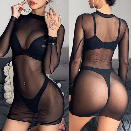 Women Sexy Solid Color Long Sleeve See Through Sheer Nightwear Bodycon Dress