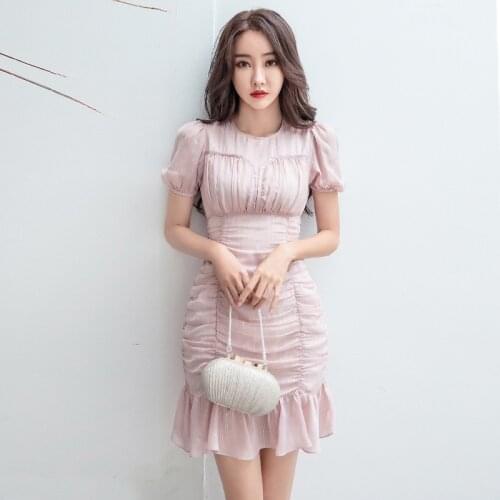 New arrival fashion mini dress women elegant summer o-neck short sleeve temperament sweet fresh pink chiffon mermaid dress