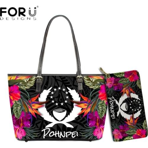 FORUDESIGNS New Arrival 2pcs Women PU Leather Shoulder Bag And Wallets Pohnpei Hawaii Floral Print Ladies Totes Large Capacity