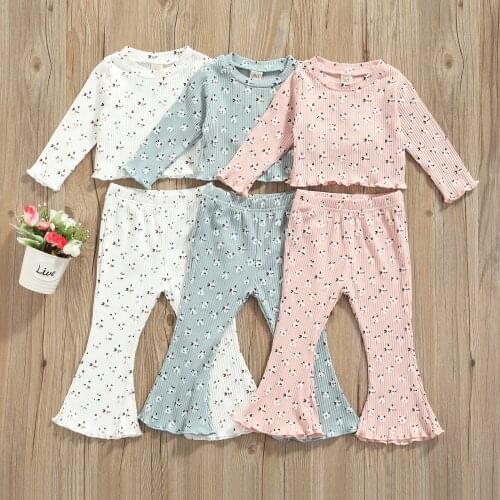 2 Pieces Baby Girl Clothes Autumn Outfits Floral Print Round Neck Long Sleeve Blouse+ Flared Pants for Girls 6 Months-4 Years