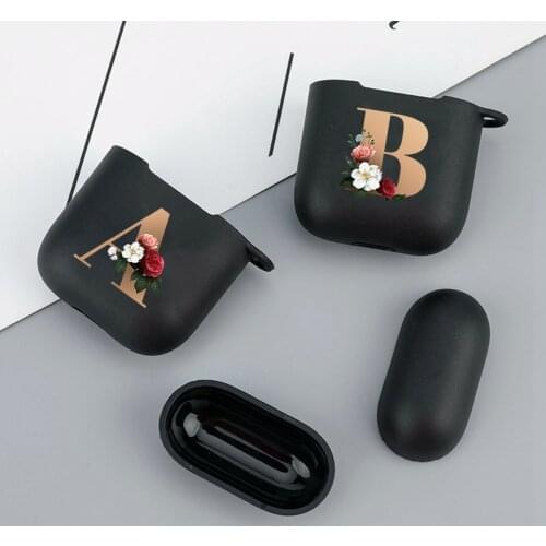 Cute Floral Gold Initial Alphabet Letter Case For AirPods 2 1 Pro Black Silicone Wireless Bluetooth Earphone Box Matte Cover