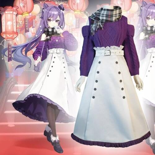 Game Genshin Impact Cosplay Costumes Keqing Driving Thunder Cosplay Costume Uniforms Purple Suits Dresses Casual Clothes Warm