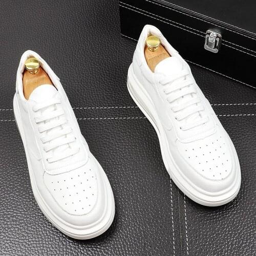 Korean style white shoes for men leisure breathable genuine leather shoe comfortable air cushion sneakers platform footwear male
