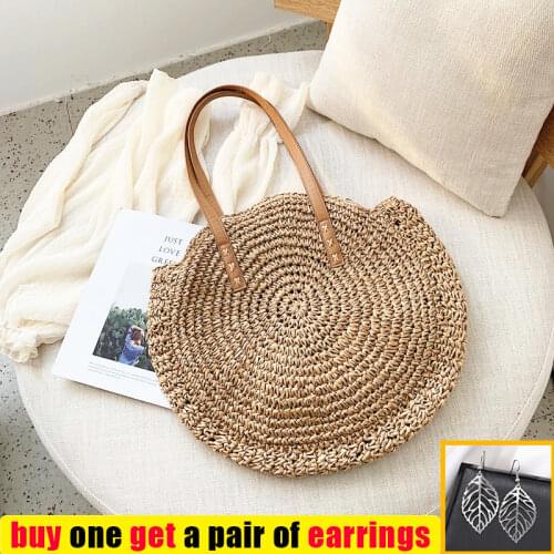 Summer Round Straw Bags for Women Rattan Shoulder Bag 2021 New Handmade Woven Beach Handbags Female Message Handbag Totes Bag