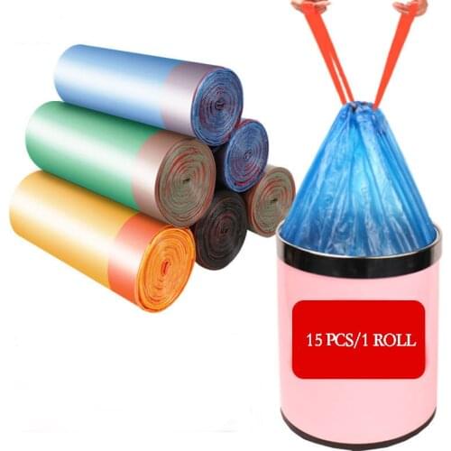 1Roll High Quality Trash Bags Garbage Bag Storage Kitchen Garbage Box 15pcs/roll Household Disposable PE Drawstring Handles
