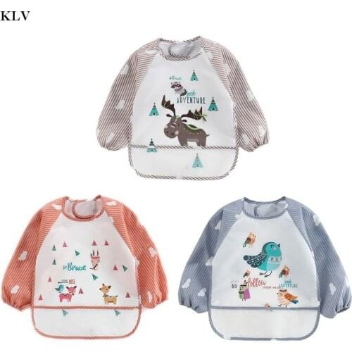 KLV Baby Boy Bibs Waterproof Long Sleeve Girl Bibs Kids Burp Cloth Feeding Bib with Pocket Child Apron Smock