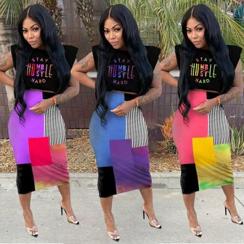 New Women Summer Dress 2 Piece Sets Women Fashion Letter Print Sleeveless Top Color Matching Skirt Casual Sexy Jumble Color Suit