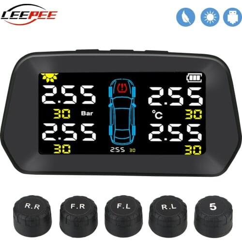 New Large Screen Solar Digital TPMS Car Tyre Pressure Monitoring System Auto Tire Alarm Diagnose Kit Spare Sensors 5 Universal