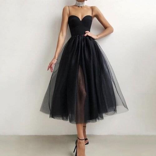 Charming Black Tulle Tea Length Evening Dress 2021 Sexy Sweetheart Spaghetii Straps Sleeveless Party Prom Gowns