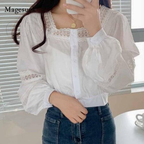 2020 Autumn Slim Sweet Single-Breasted Hollow Out Women Blouse Solid Square Collar Long Sleeve Lace Edge Shirts Blusas 11018