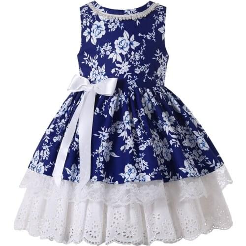 Pettigirl Blue Summer Dress For Little Girl Flower Print Wholesale Child Clothing with Ribbon Sleeveless Girls Party Dresses
