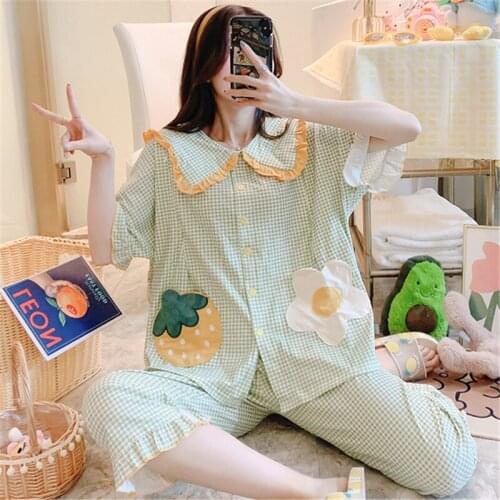 Plus size pajamas confinement clothes summer thin cotton pregnant women pajamas short sleeve loose home service Korean pijamas