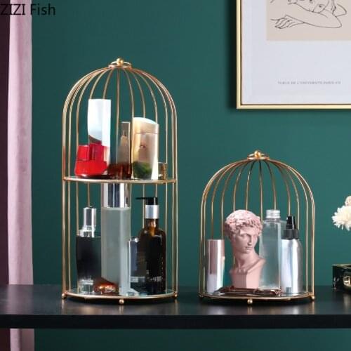Creative Wrought Iron Bird Cage Plant Stand Dressing Table Desktop Cosmetics Jewelry Display Storage Rack Double Dessert Tray